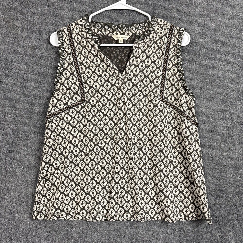 Lucky Brand Brown and Cream Sleeveless Patterned V-Neck Shirt